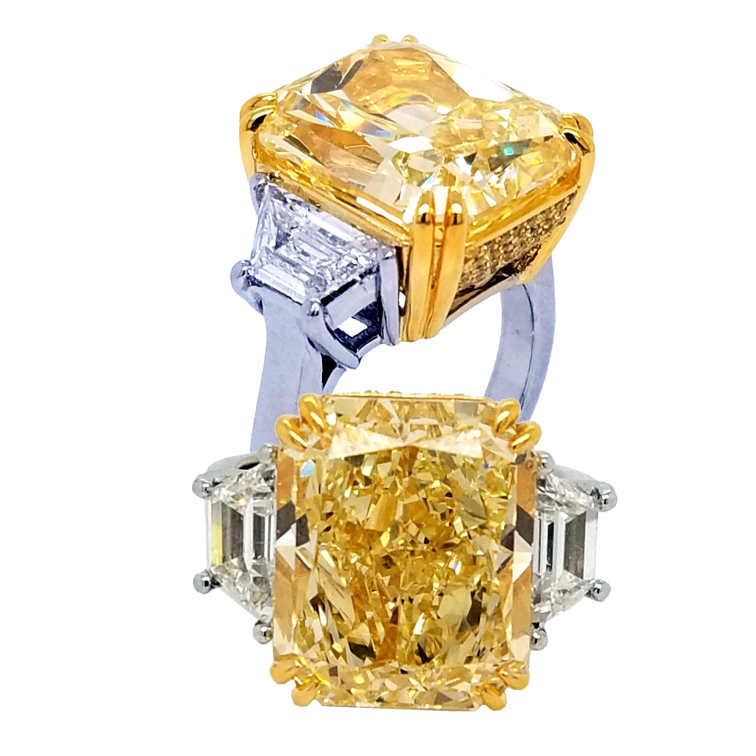 Radiant Cut GIA 12.63ct Fancy Yellow Radiant Diamond 3-Stone Platinum Engagement Ring For Sale