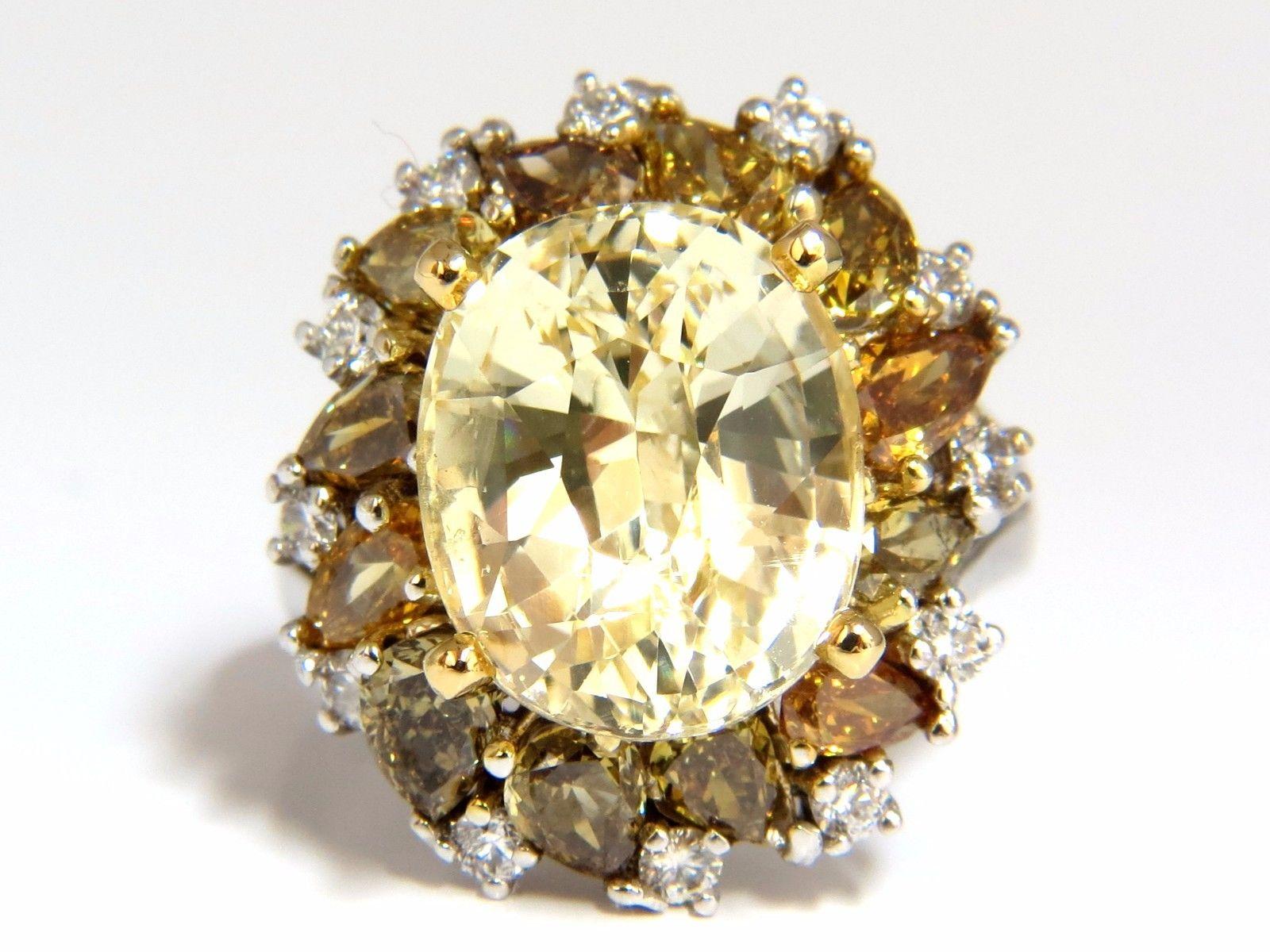 Oval Cut GIA 12.68CT Natural No Heat Fancy Yellow Sapphire Diamonds Cluster Ring 18KT