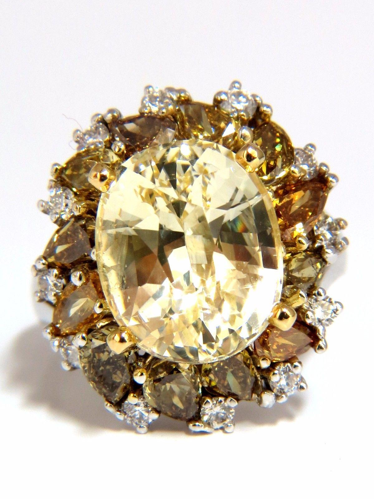 Women's or Men's GIA 12.68CT Natural No Heat Fancy Yellow Sapphire Diamonds Cluster Ring 18KT