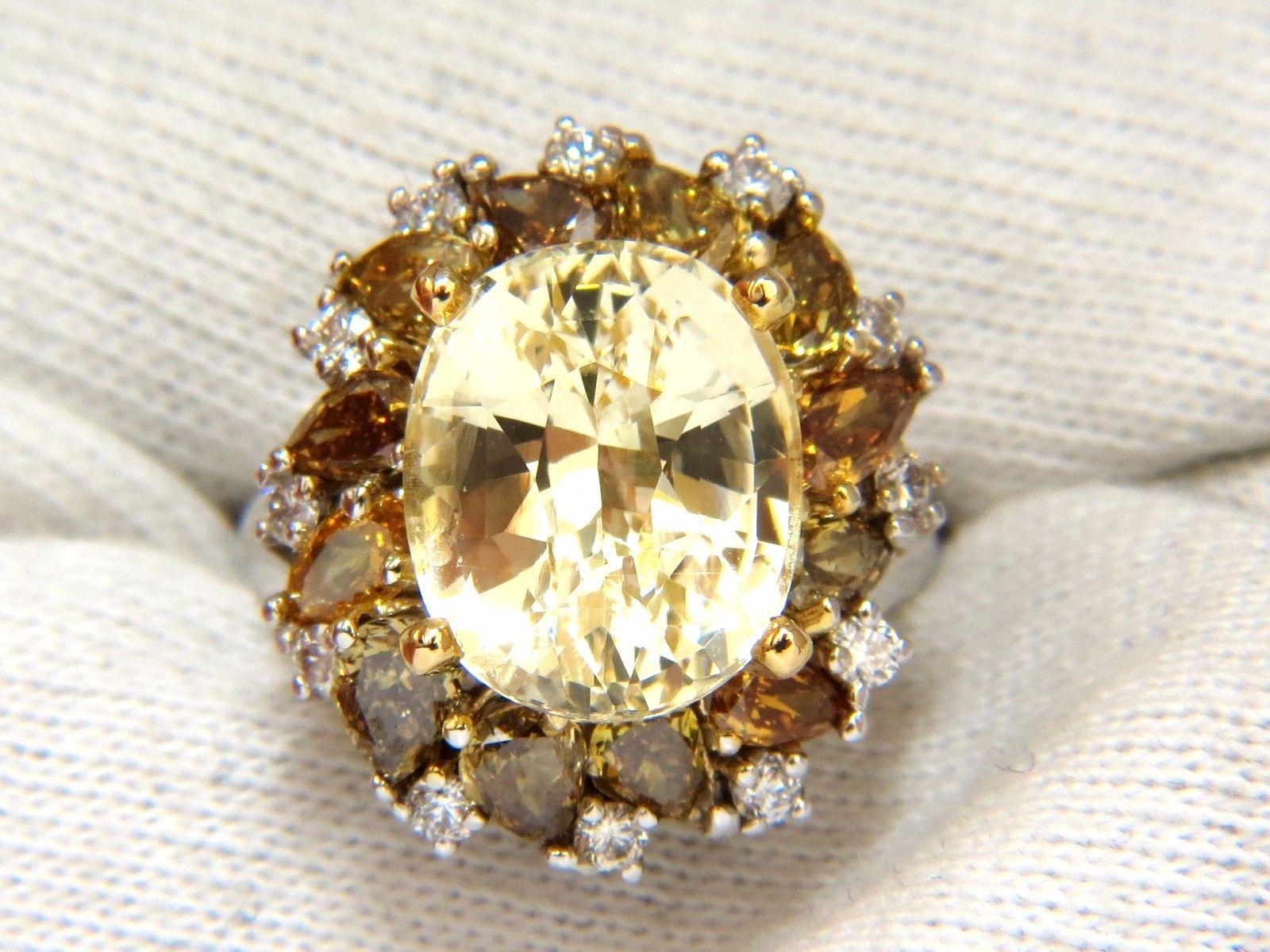 GIA 12.68CT Natural No Heat Fancy Yellow Sapphire Diamonds Cluster Ring 18KT 2