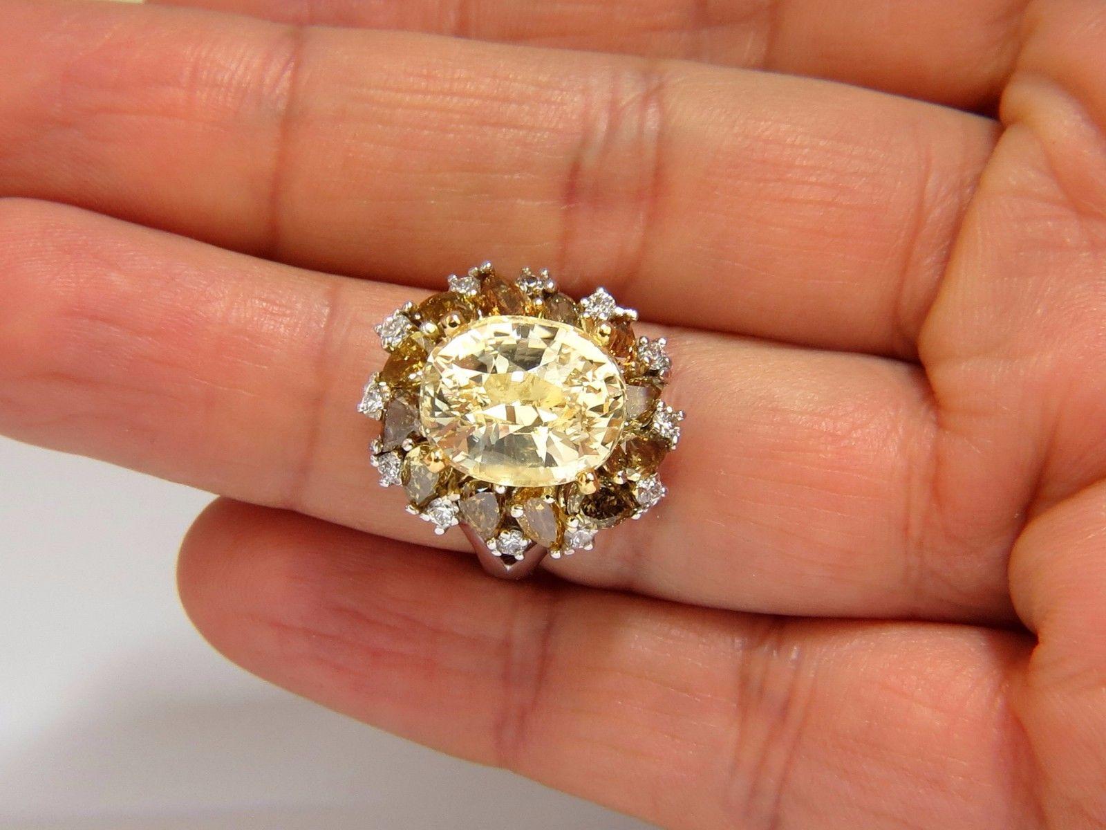 GIA 12.68CT Natural No Heat Fancy Yellow Sapphire Diamonds Cluster Ring 18KT 3