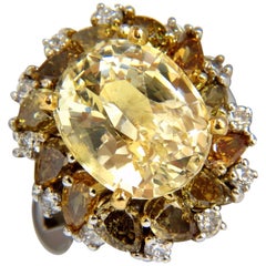 GIA 12.68CT Natural No Heat Fancy Yellow Sapphire Diamonds Cluster Ring 18KT