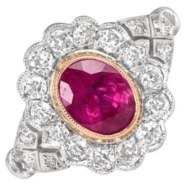 GIA 1.26ct Oval Cut Burma Ruby Cluster Engagement Ring, Diamond Halo, Platinum For Sale