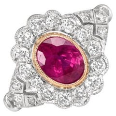 GIA 1.26ct Oval Cut Burma Ruby Cluster Engagement Ring, Diamond Halo, Platinum
