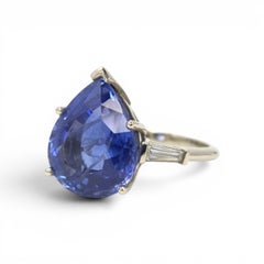GIA 12.70 ct Pear Shaped Ceylon Blue Sapphire Ring with Baguettes