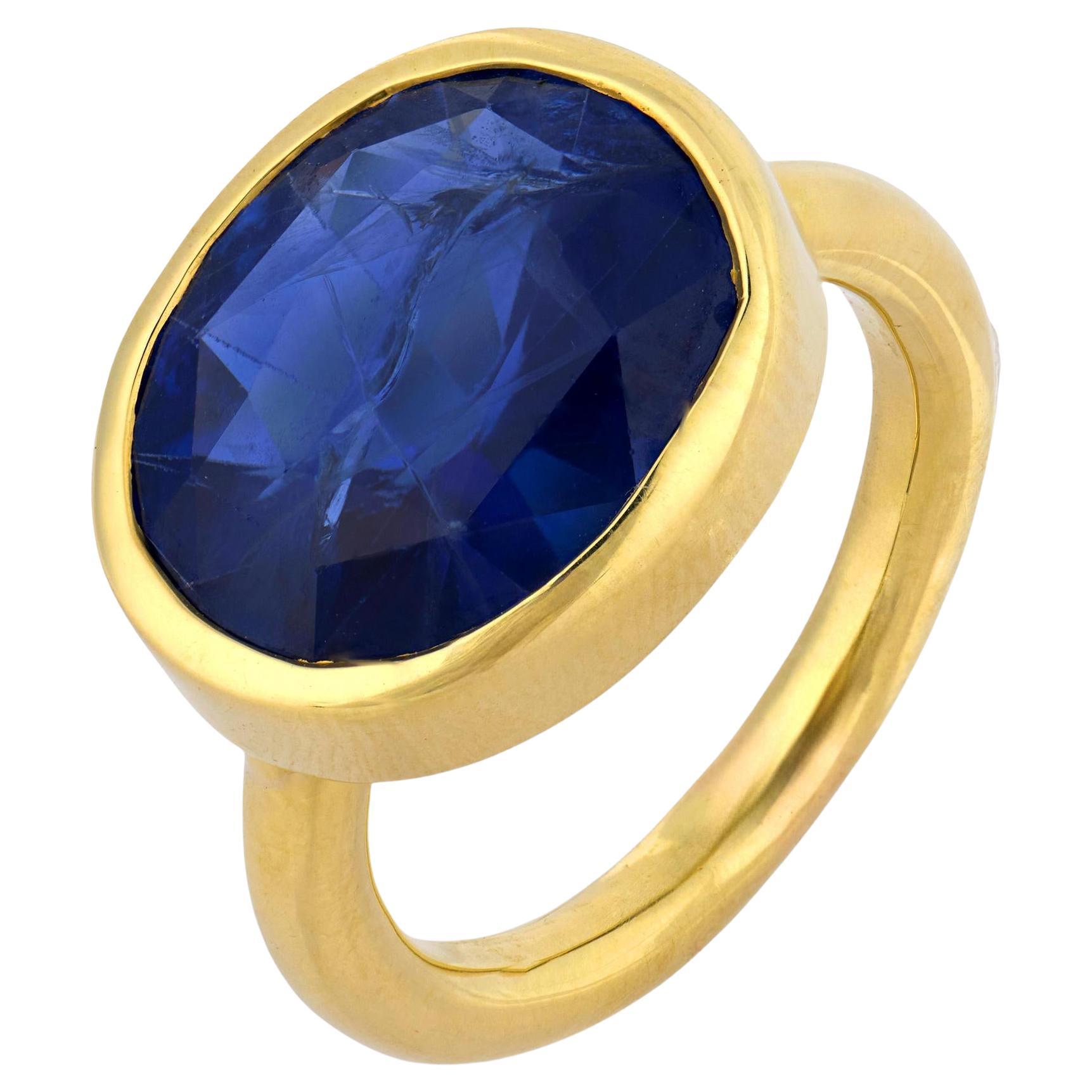 GIA 12,79 Karat Ceylon Saphir 18k Gelbgold Lünette Ring im Angebot