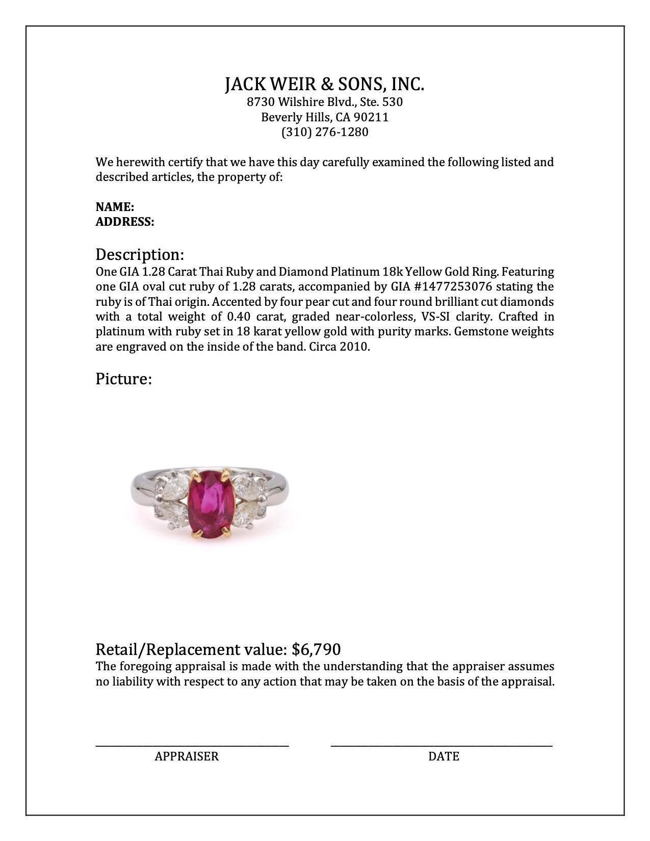 GIA 1.28 Carat Thai Ruby and Diamond Platinum 18k Yellow Gold Ring For Sale 1