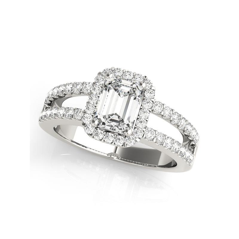 Taglio smeraldo GIA 1,29 Carati Halo Emerald Filigree Split Shank Anello con diamanti in oro bianco 18K in vendita