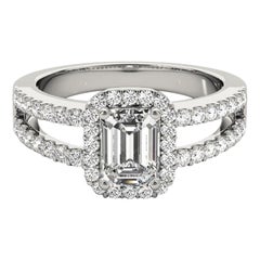 GIA 1,29 quilates Halo Esmeralda Filigrana Vástago partido Anillo de diamantes de oro blanco de 18 quilates