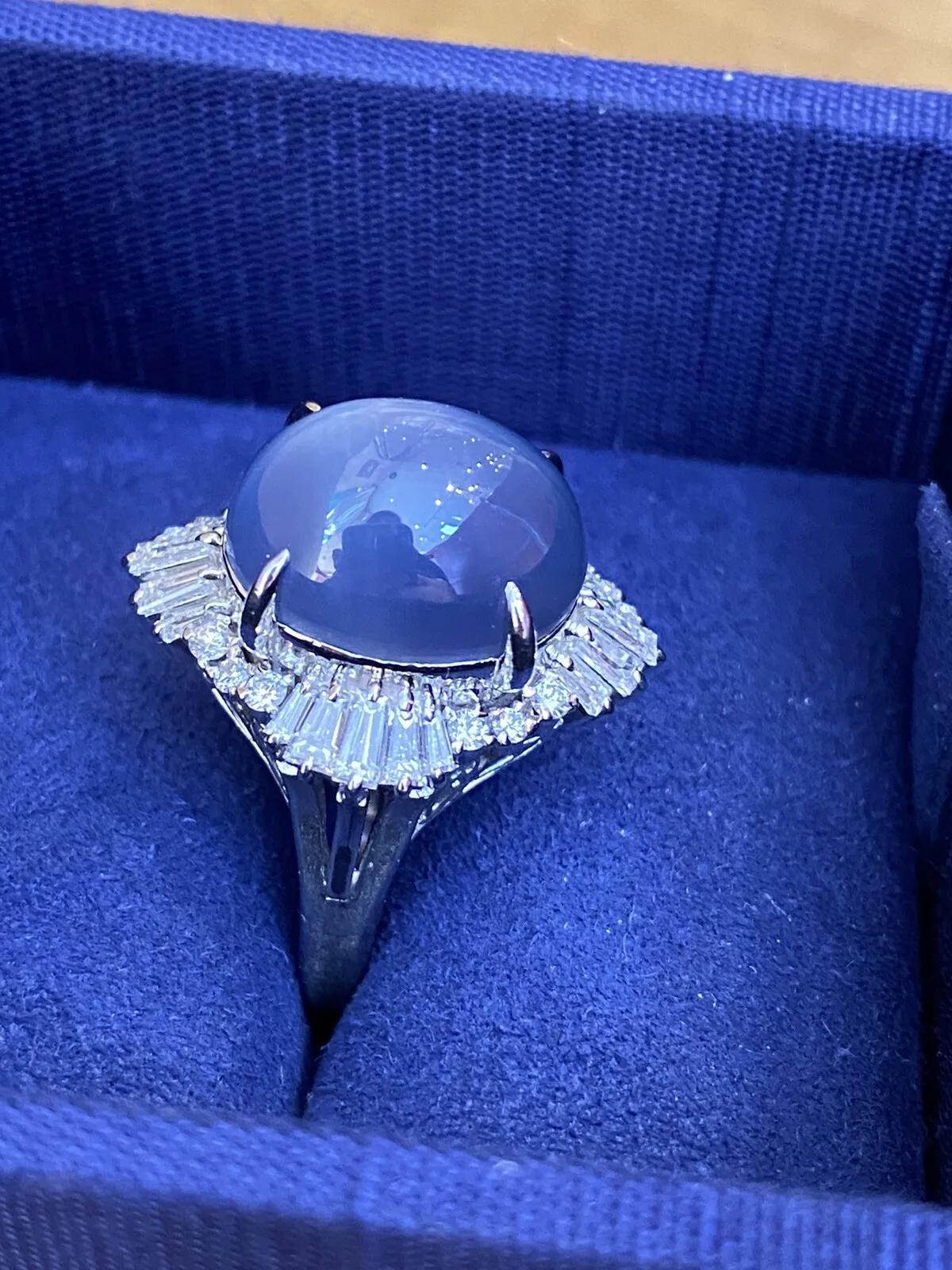 GIA 12.95 Carat Unheated Blue Star Sapphire & Diamond Ring in Platinum In Excellent Condition For Sale In La Jolla, CA