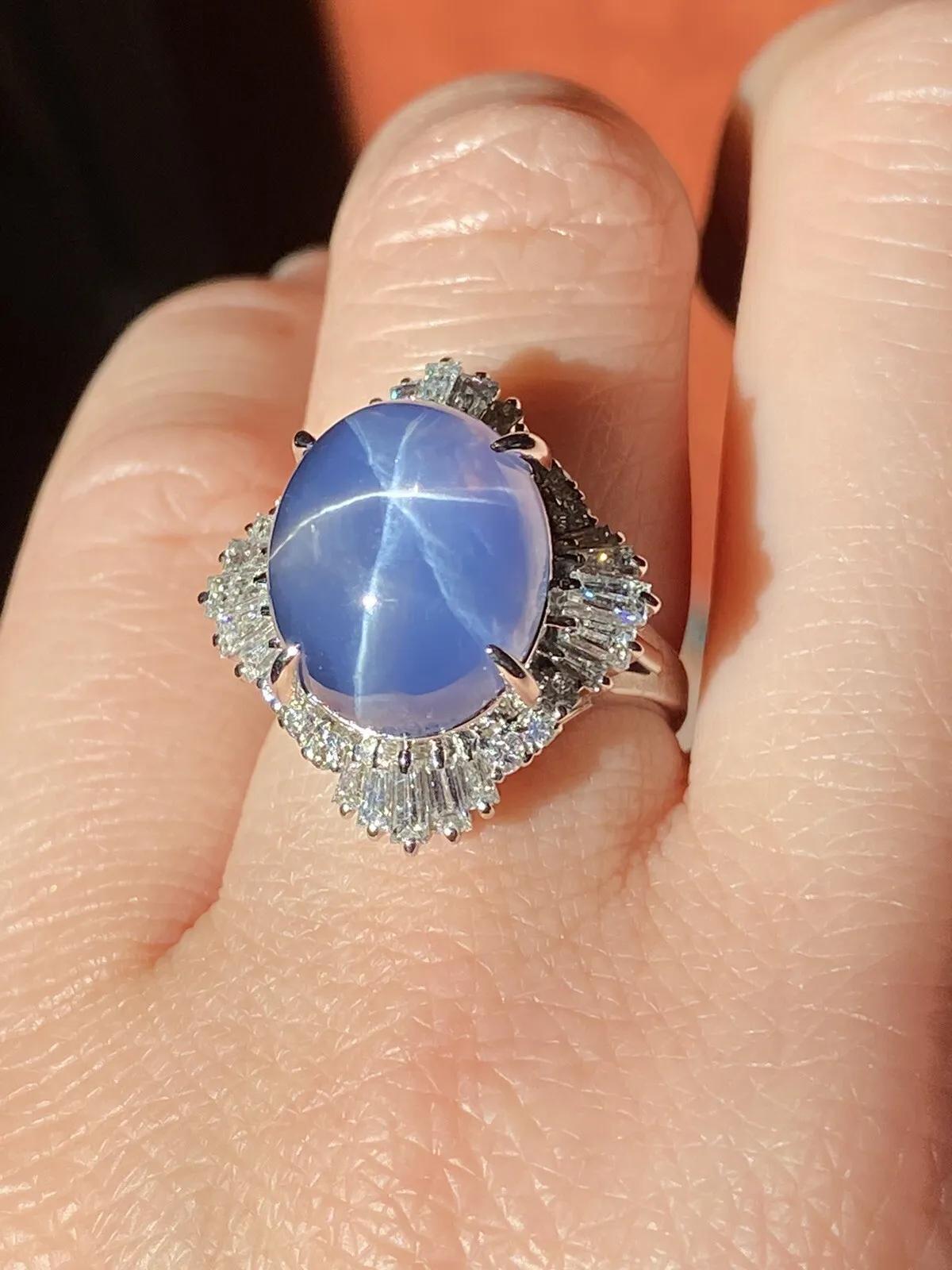 GIA 12.95 Carat Unheated Blue Star Sapphire & Diamond Ring in Platinum For Sale 2
