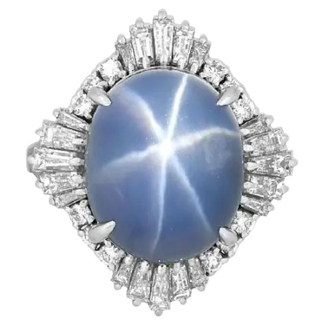 GIA 12.95 Carat Unheated Blue Star Sapphire & Diamond Ring in Platinum For Sale