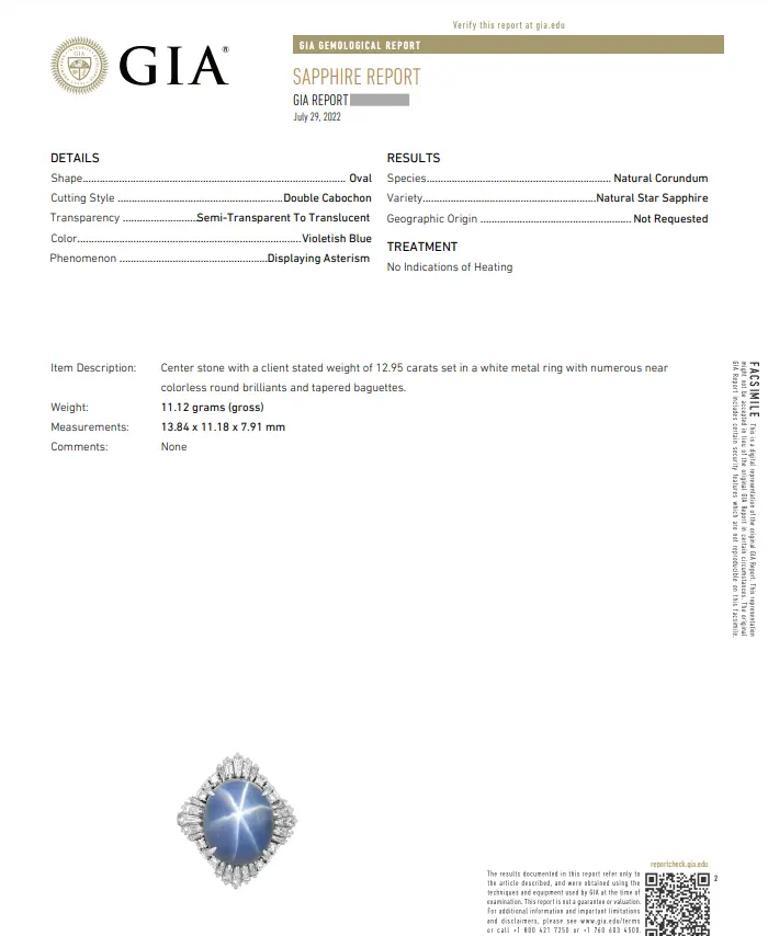 GIA Certified 12.95 carats Oval Star Sapphire & Diamond Ring in Platinum

Star Sapphire & Diamond Ring features a GIA Certified Oval shaped Violetish-Blue Star Sapphire weighing 12.95 carats surrounded with Baguettes and Round Brilliant Cut Diamonds