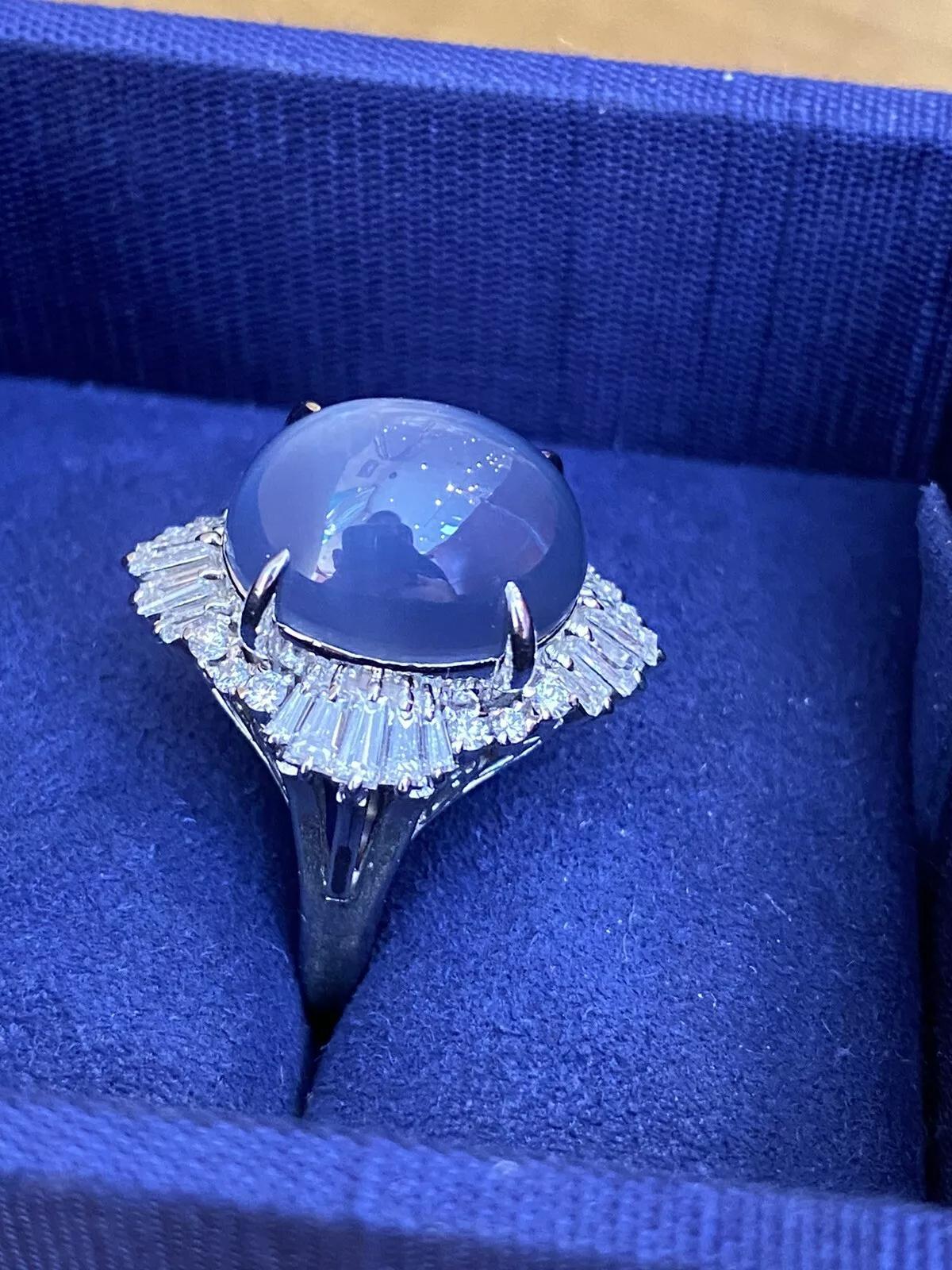 Women's GIA 12.95 carats Unheated Blue Star Sapphire and Diamond Ring in Platinum For Sale
