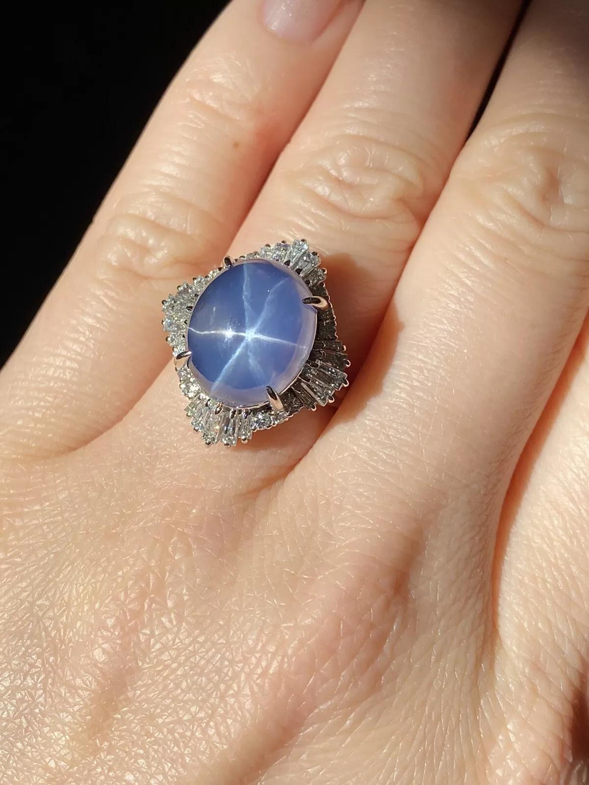 GIA 12.95 carats Unheated Blue Star Sapphire and Diamond Ring in Platinum For Sale 2