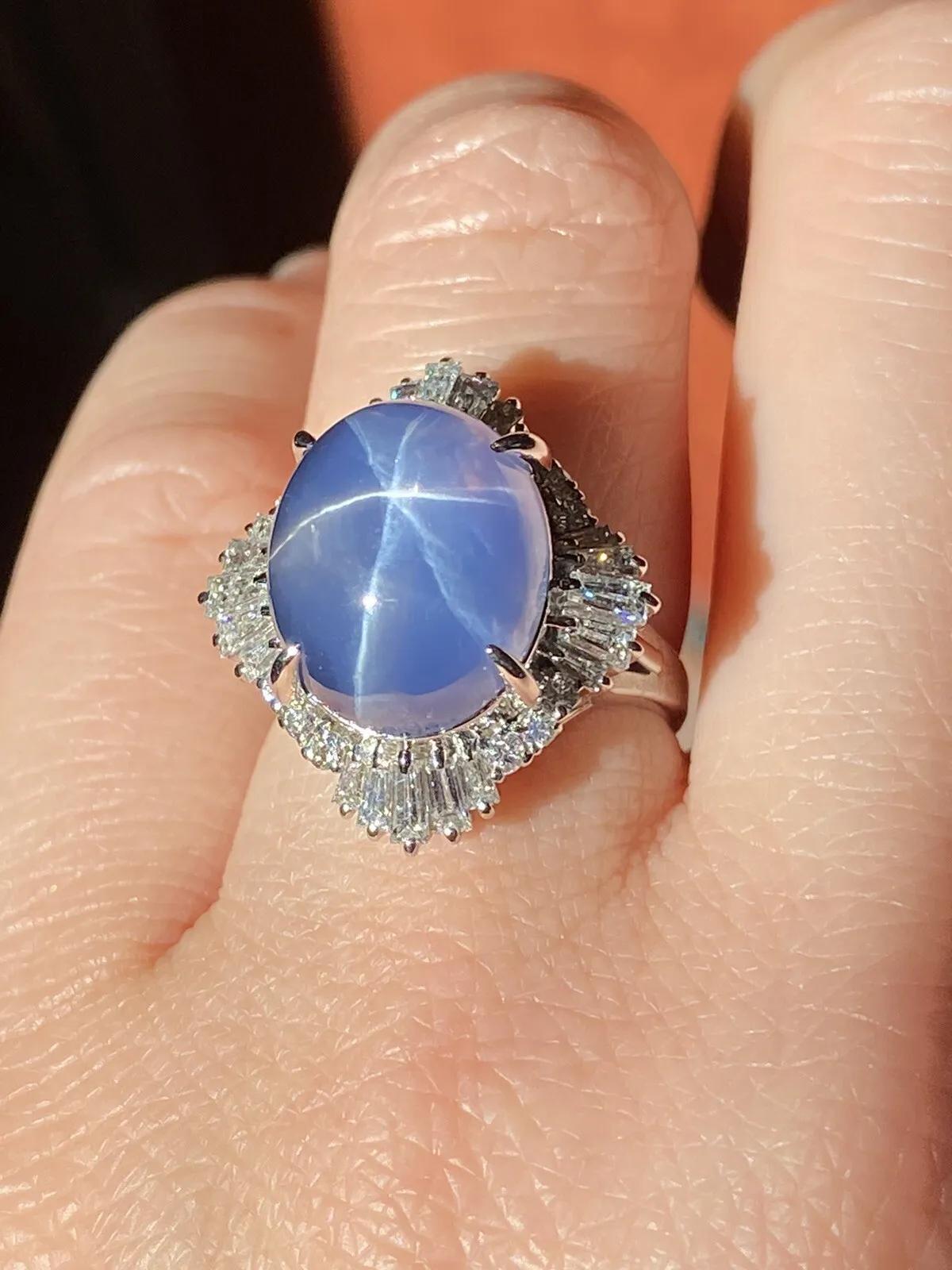 GIA 12.95 carats Unheated Blue Star Sapphire and Diamond Ring in Platinum For Sale 3