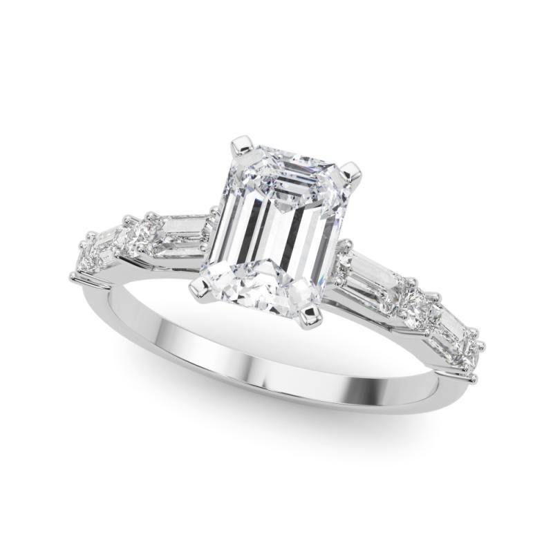 Taglio smeraldo GIA 1,29ct Smeraldo rotondo e Baguette Anello con diamante a canale in oro bianco 18 carati in vendita
