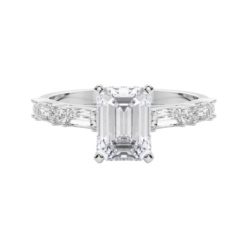 GIA 1,29ct Smaragd Runde & Baguette Channel Band 18K Weißgold Diamantring