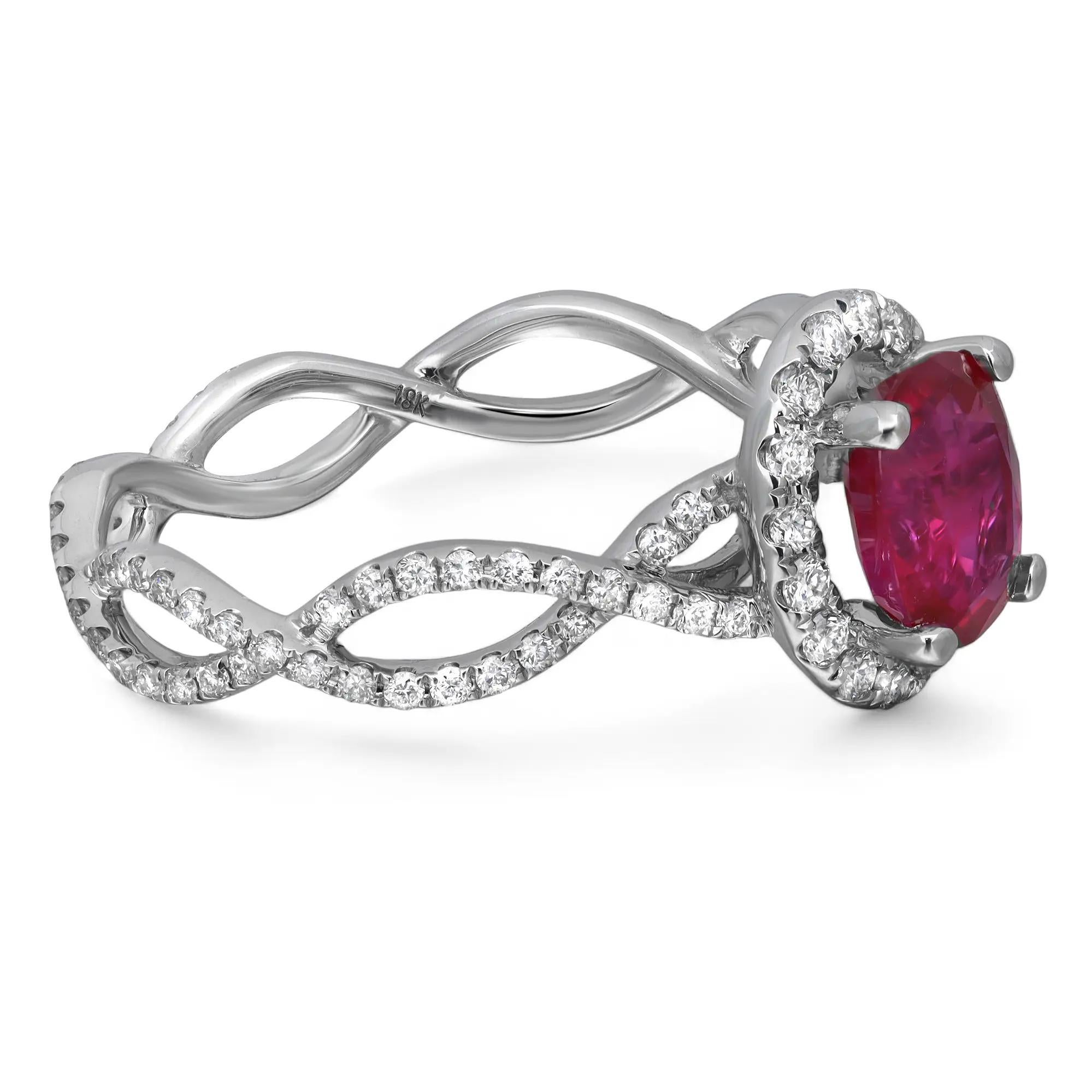 GIA Anillo de compromiso de oro blanco de 18 quilates con halo de rubíes y diamantes de 1,29 qts Moderno en venta