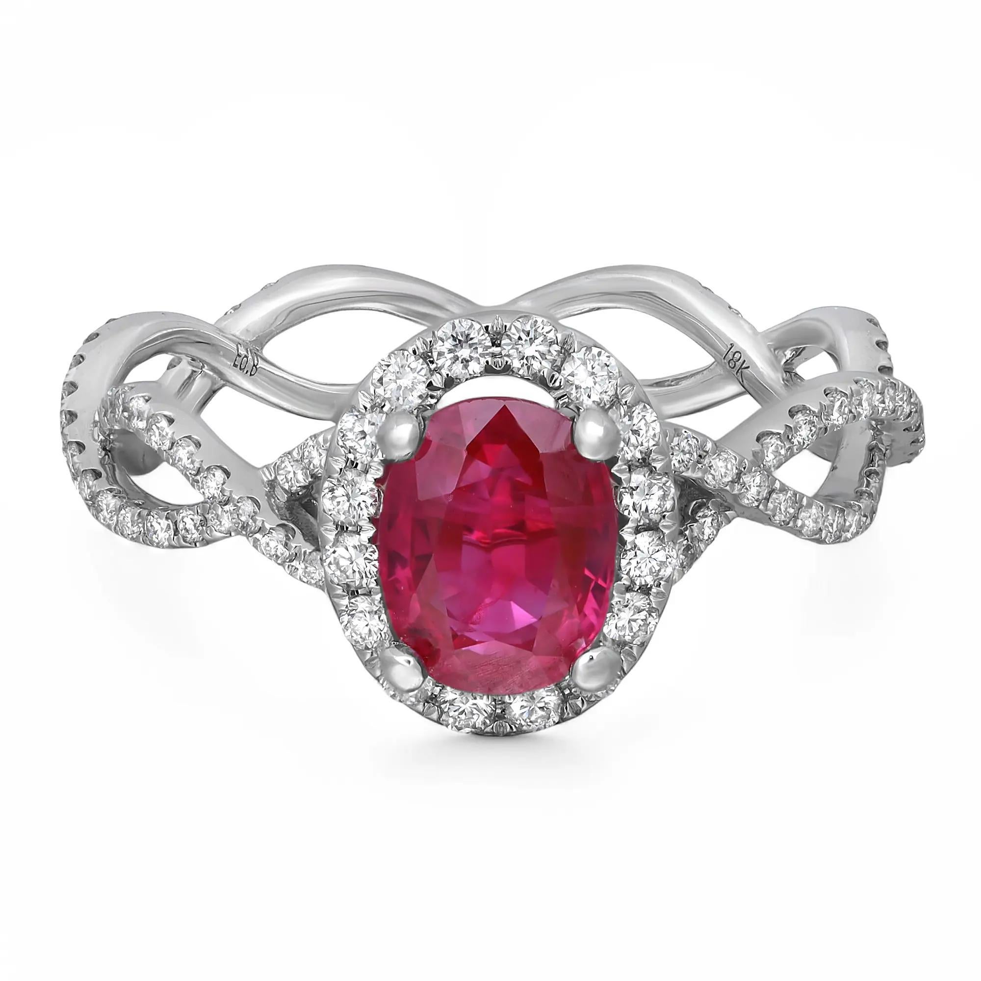 GIA 1.29Ctw Ruby & Diamond Halo Twisted Band Engagement Ring 18K White Gold