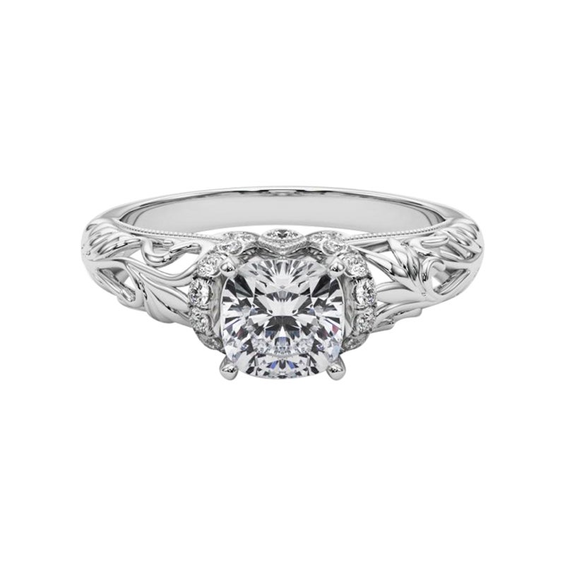 GIA 1,2ct Cuscino Chevron Halo Filigrana floreale in oro bianco 18 carati