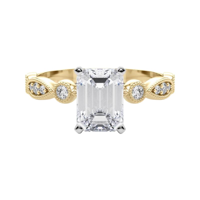 GIA 1.2ct Emerald Marquise & Round Milgrain Bezel Yellow Gold Diamond Ring For Sale