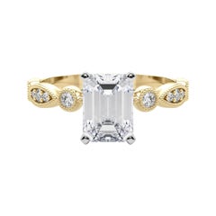 GIA 1.2ct Emerald Marquise & Round Milgrain Bezel Yellow Gold Diamond Ring