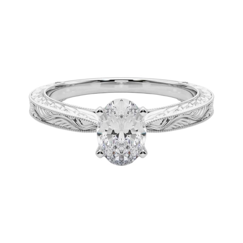 GIA Anello con diamante ovale classico solitario antico inciso in oro bianco da 1.2 ct. in vendita