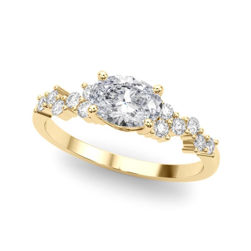 Taille ovale GIA 1.2ct Oval East West Trellis Side Stone 18K Yellow Gold Diamond Ring en vente