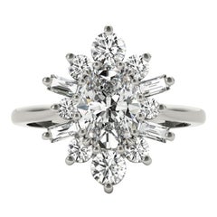 GIA 1.2ct Oval Icy Snowflake Flower Cluster 18K White Gold Diamond Ring