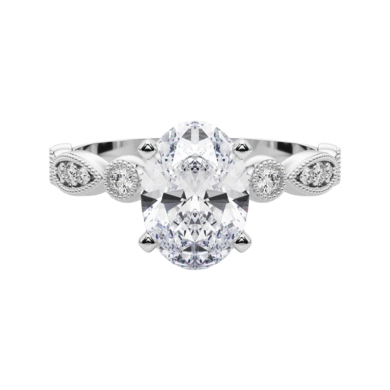 GIA 1.2ct Oval Marquise & Round Milgrain Bezel Anello con diamanti in oro bianco