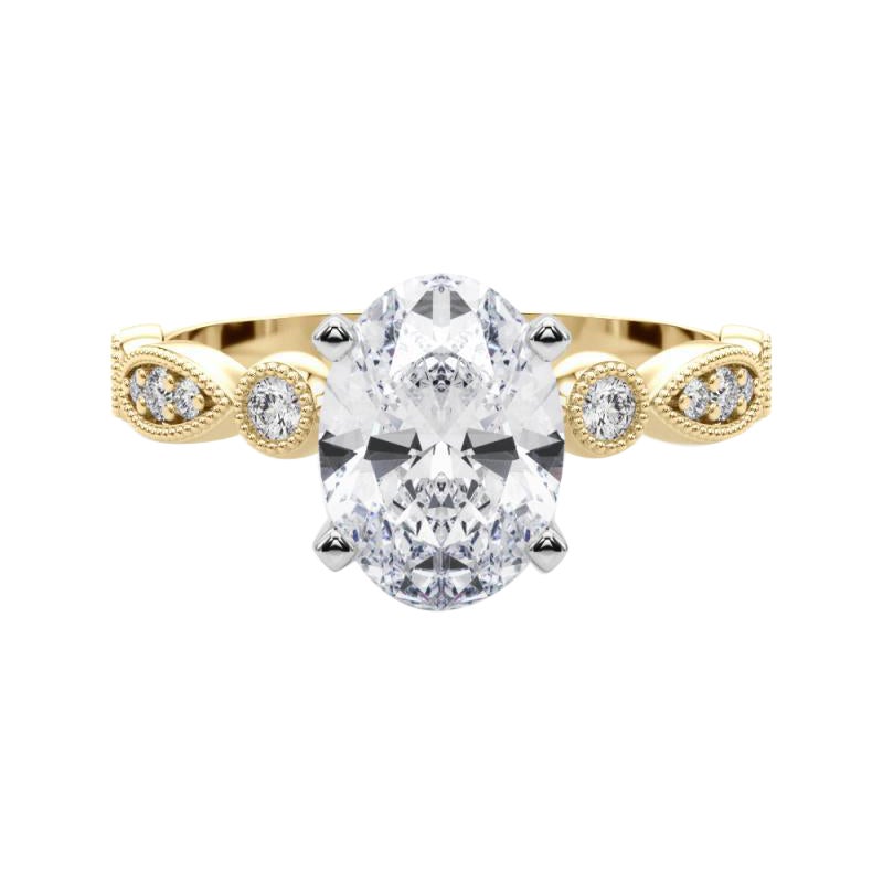 GIA 1.2ct Oval Marquise & Round Milgrain Bezel Anello di diamanti in oro giallo