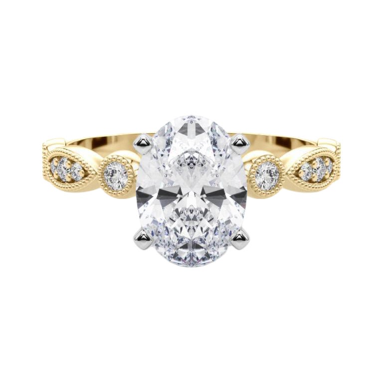 GIA 1.2ct Oval Marquise & Round Milgrain Bezel Anello di diamanti in oro giallo in vendita
