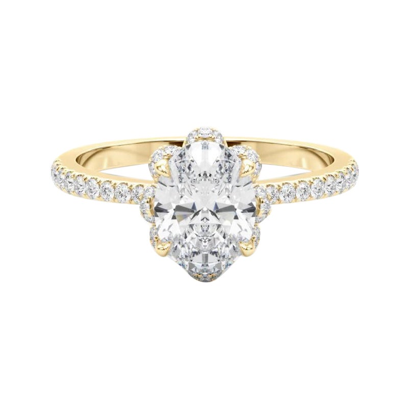 GIA 1.2ct Anello ovale con diamanti d'epoca in oro giallo con fiore multipetalo