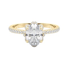 GIA 1.2ct Anello ovale con diamanti d'epoca in oro giallo con fiore multipetalo