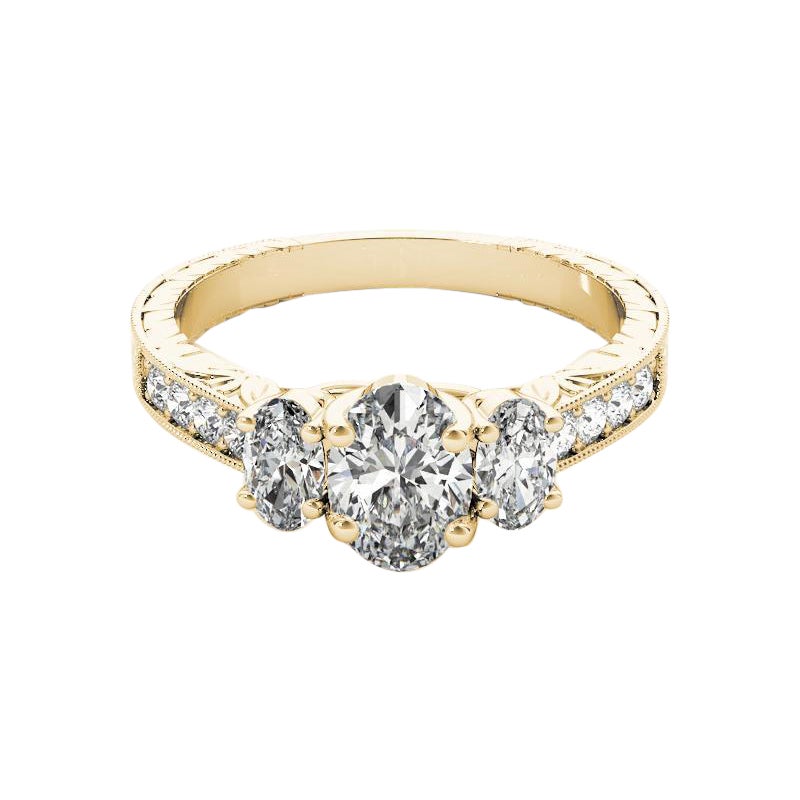 GIA Anello con diamante ovale a tre pietre inciso su canale in oro giallo 18 carati da 1,2 carati