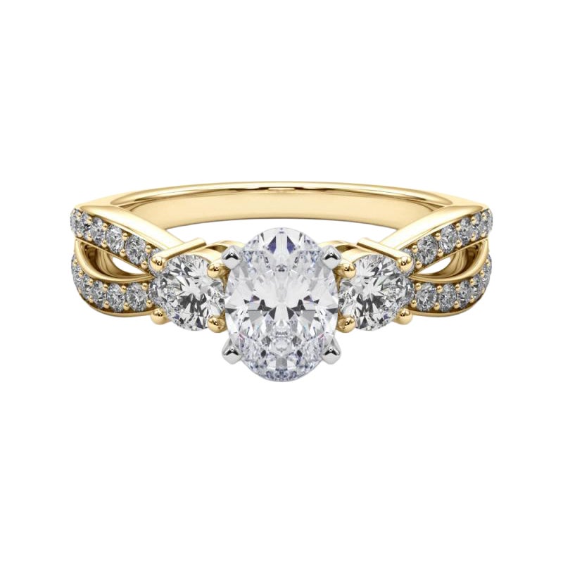 GIA 1.2ct Oval Three-Stone Split Shank Pave 18K Yellow Gold Diamond Ring (bague en or jaune avec diamants)