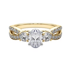 GIA 1.2ct Oval Three-Stone Split Shank Pave 18K Yellow Gold Diamond Ring (bague en or jaune avec diamants)
