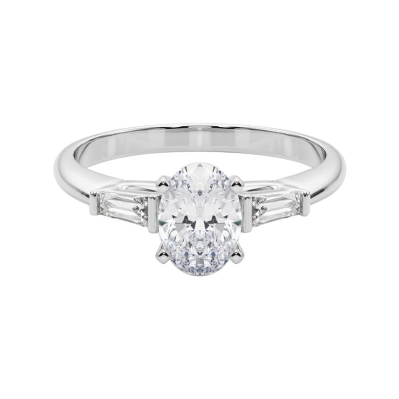 GIA 1.2ct Oval Three-Stone Tapered Baguette 18K White Gold Diamond Ring