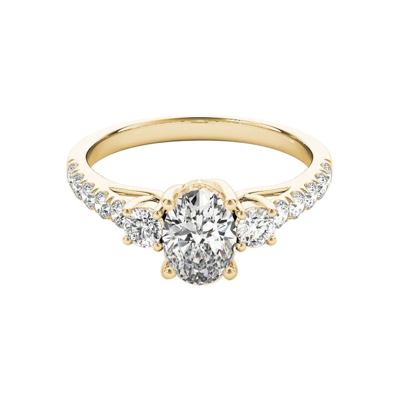 GIA 1.2ct Oval Three-Stone Trellis Prong Pave 18K Yellow Gold Diamond Ring (bague à diamants en or jaune 18K)