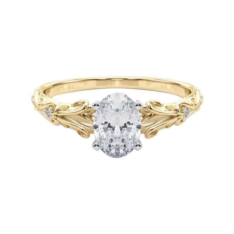 GIA 1,2ct Oval Vintage 3-Stone Heart & Vine Anello di diamanti in oro giallo 18K in vendita
