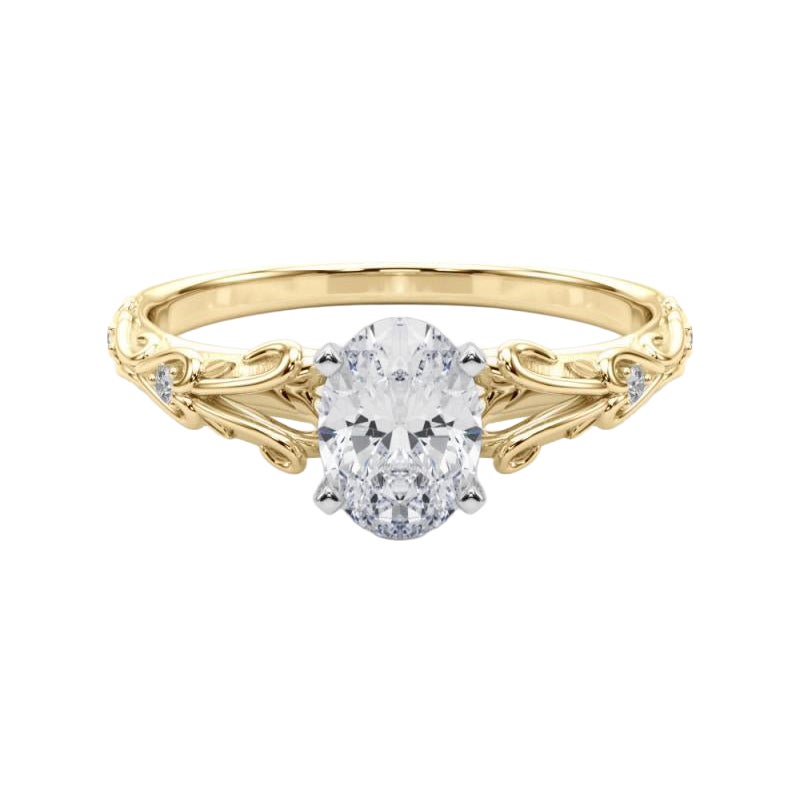 GIA 1,2ct Oval Vintage 3-Stone Heart & Vine Anello di diamanti in oro giallo 18K