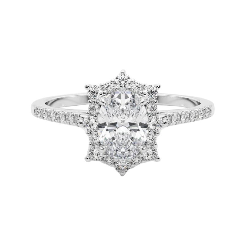 GIA 1.2ct Anello ovale vintage con fiocco di neve e aureola di diamanti
