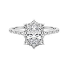 GIA 1.2ct Anello ovale vintage con fiocco di neve e aureola di diamanti