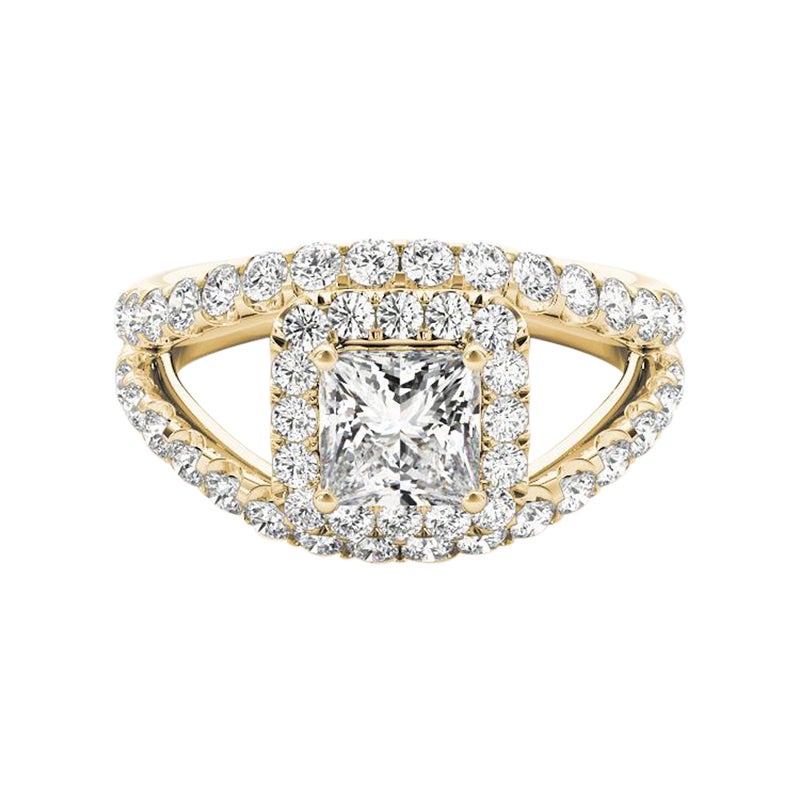 GIA 1.2ct Princess Halo Split Shank Double Band 18K Yellow Gold Diamond Ring