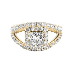 GIA 1.2ct Princess Halo Split Shank Double Band 18K Yellow Gold Diamond Ring