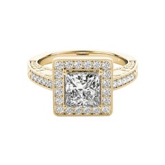 GIA 1,2ct Anello con diamante quadrato Princess Halo inciso traforato in oro giallo 18K