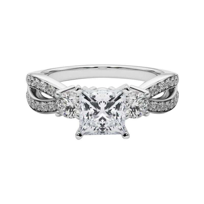 GIA 1,2ct Principessa a tre pietre con gambo diviso e pavé  Anello con diamante