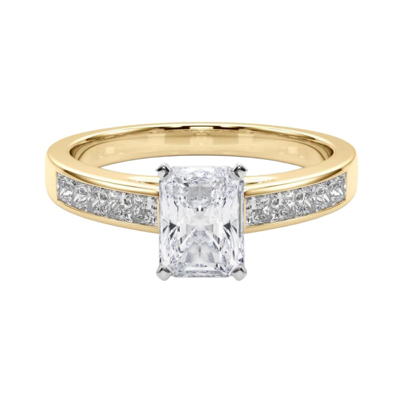 GIA 1.2ct Radiant Princess Channel Solitaire Center Anello con diamanti in oro giallo