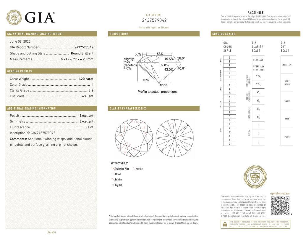 Contemporaneo GIA Anello con diamante rotondo asimmetrico a nastro con gambo spaccato in oro giallo da 1,2 ct. in vendita